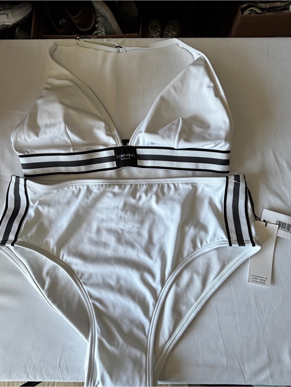 Calvin Klein XL White w/Black Stripe 2 Pc swimwear NWT Halter Top High Waist